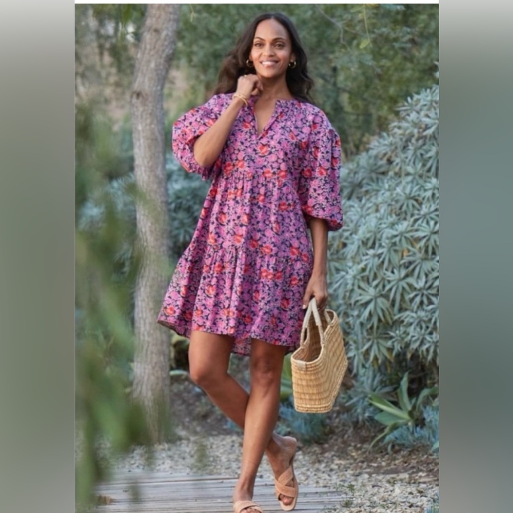 SUNDRY for EVEREVE boho floral tiered tunic dress w/ bubble 3/4 sleeve size L